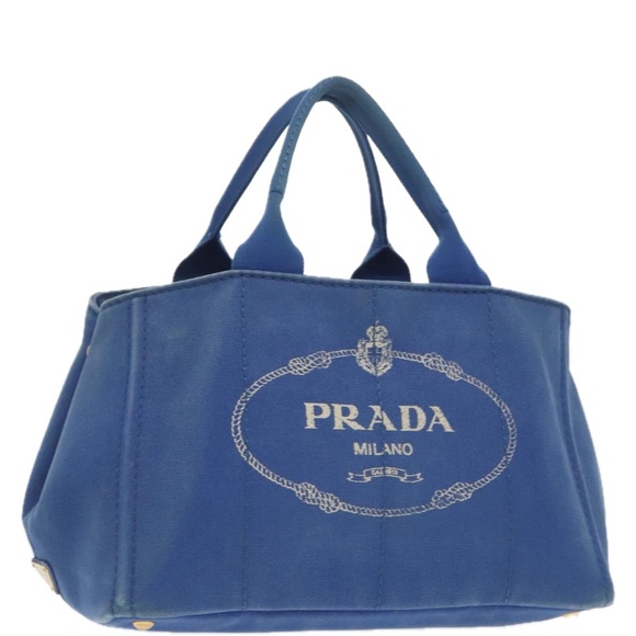 PRADA Canapa MM Hand Bag Canvas Blue Gold Auth 101425 - Picture 1 of 16